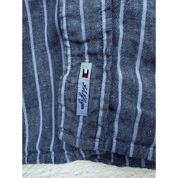 Tommy Hilfiger 100% Linen Striped Button Down Shirt Large Short Sleeve Blue - Picture 5 of 8